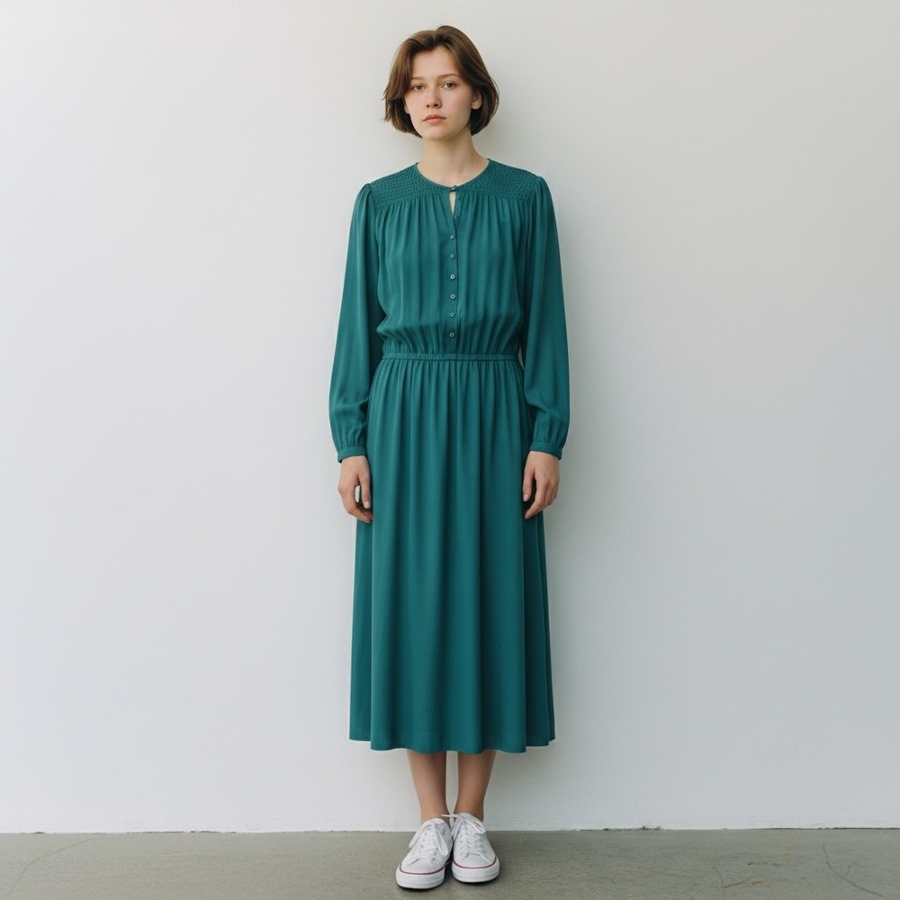 Vintage 80s Secretary Midi‎ Dress Michael Benjamin 10 Teal Green 100% Polyester